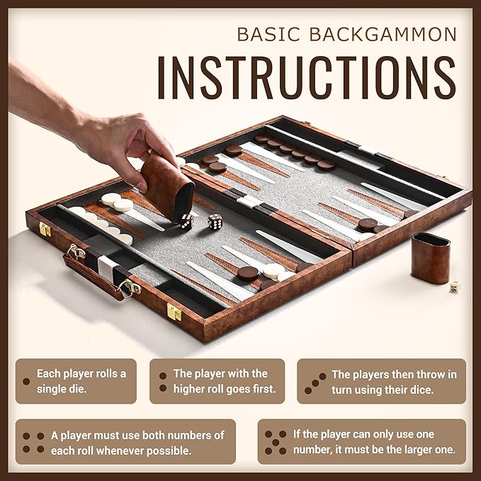 ropoda Backgammon Board Game Set (15 Inches) for Adults and Kids,Classic Board Strategy Game,Portable and Travel Backgammon Set with Premium Leather Case,Best Strategy & Tip Guide