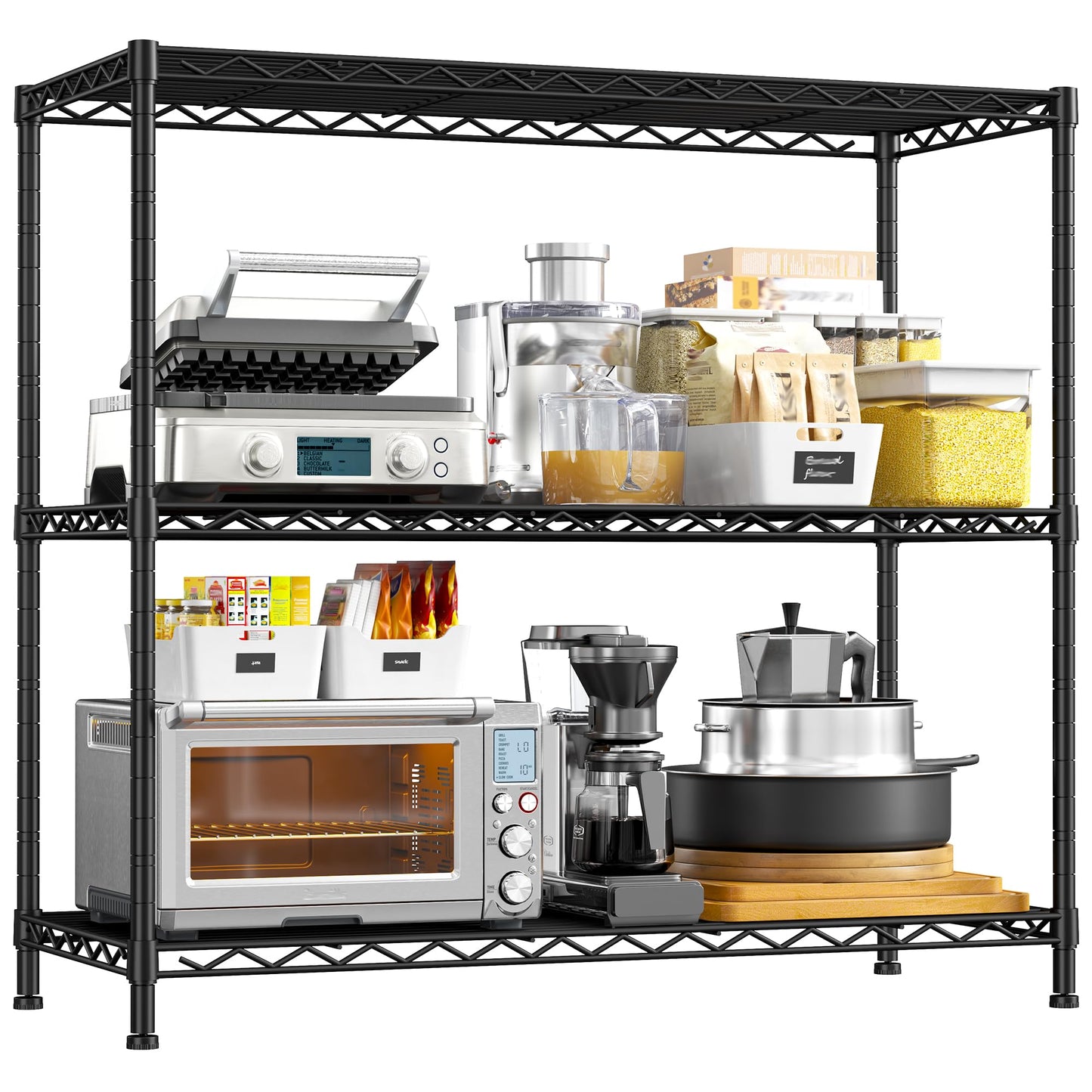 DurayLoly 35.6" W Storage Shelves, 3 Tier Adjustable Metal Shelving Unit Heavy Duty Steel Wire Rack for Kitchen,Laundry,Pantry,Office,Garage, Closet,Black(35.6" Wx14"Dx35.6"H)