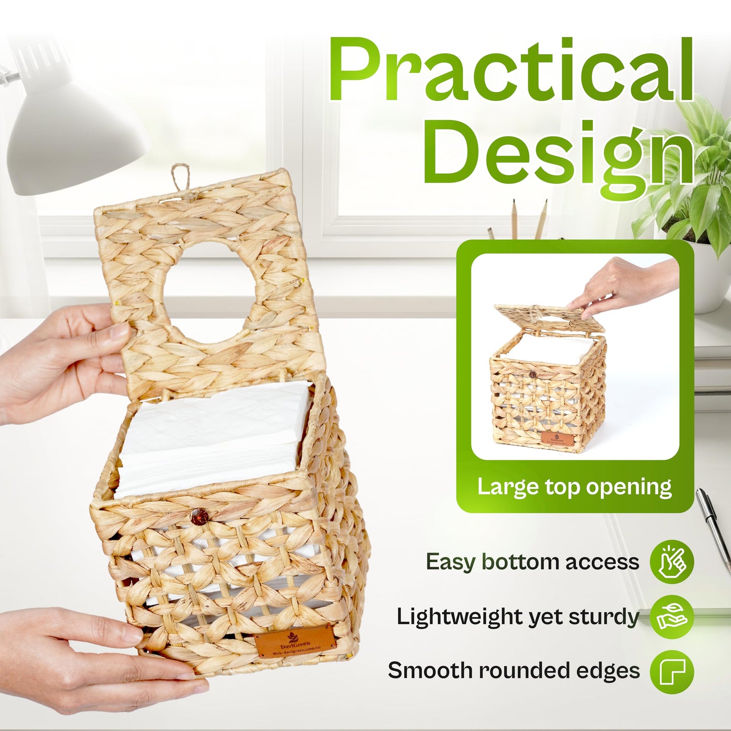 DaviGreen Tissue Box Cover Square 5.9” Set of 2, Handwoven Water Hyacinth Tissue Box Cover, Natural Woven Decorative Cover, Fits Standard Tissue Boxes, Easy One-Hand Pull.