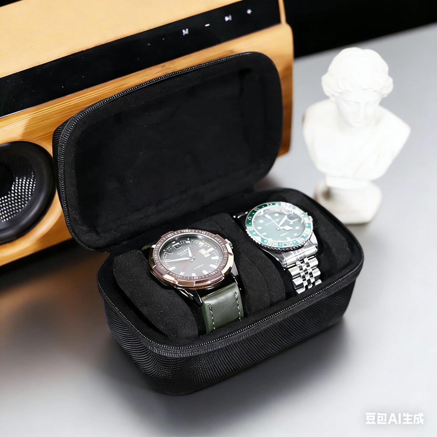 Jeonnfp Watch Travel Case for Men and Women Portable Watch Box Organizer Zipper Single Watch Storage Roll with Soft Watch Pillow(Black, 2slots)