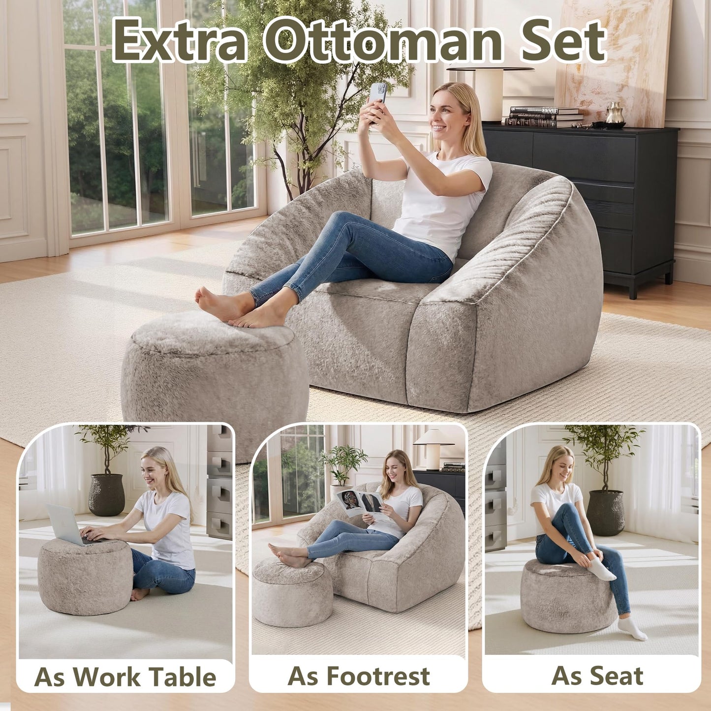 lilanoon Bean Bag Chairs with Ottoman for Adults, Comfy Beanbag Chair with High-Resilience Foam, Oversized Bean Bag Sofa with Soft Faux Fur Fabric, Bean Bag Chair for Living Room,Bedroom,Khaki