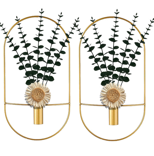 2 Pack Gold Metal Plants Wall Hanging Decor, Metal Hanging Vase for Living Room, Bedroom, Bathroom, Dining Room, Wall-Mounted Plant Decor with Artificial Plants