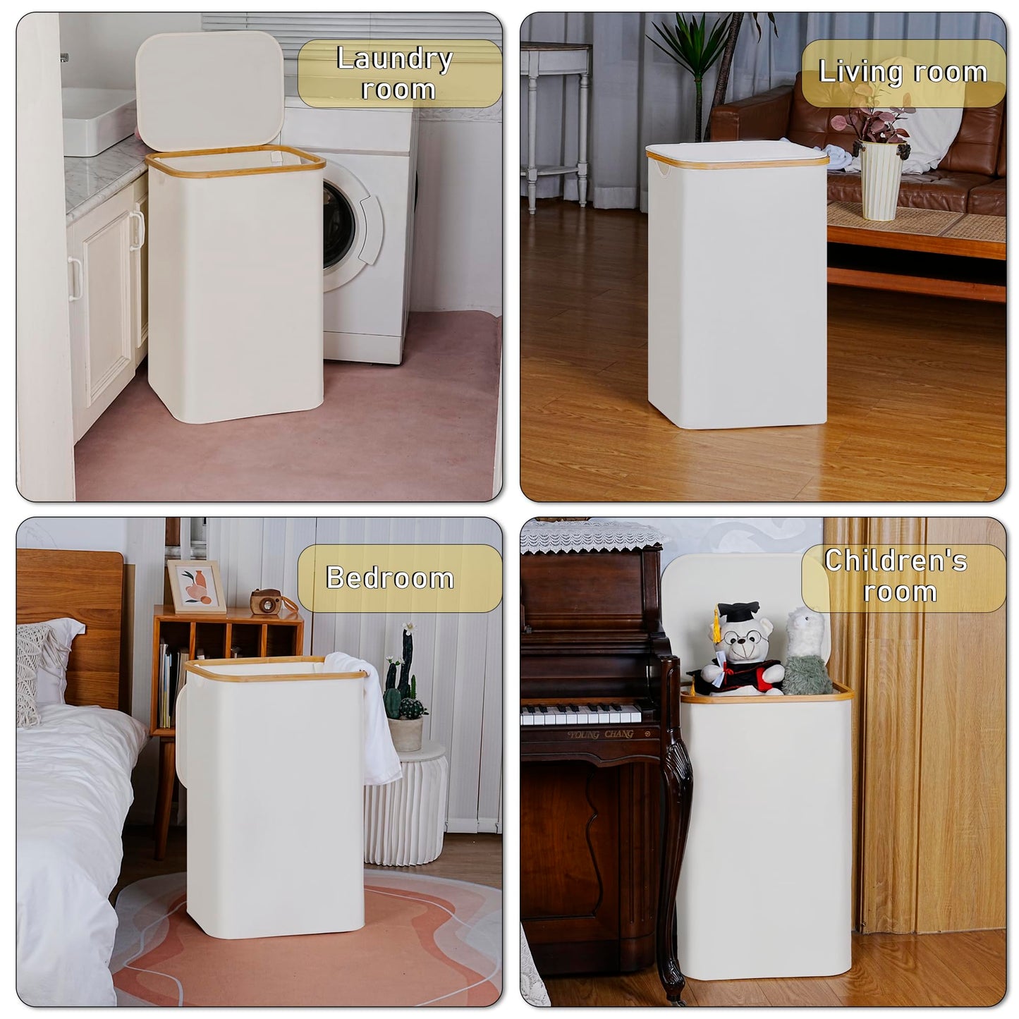 Merkisa 100L Laundry Hamper with Lid, Lagre Basket with Bamboo Handles,Foldable Clothes Hamper Tall Dirty Laundry Basket for Clothes Toys Towels Organizing,Beige