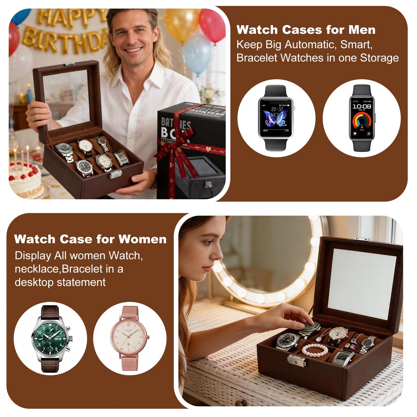 Hit design Watch Box Watch Cases for Men,6 Slot Brown Watch Case Organizer Storage Box,Leather Display Holder for Watches,Mens Watch Box for Collection,Anniversary Birthday Gift for Men Women