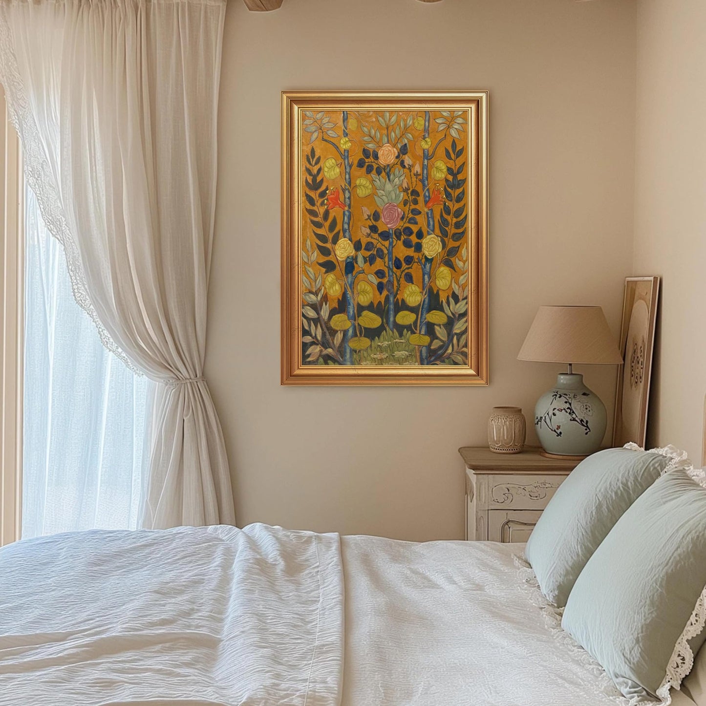 EJPFOGV Art Nouveau Botanical Framed Wall Art on Orange Background 16x24 in