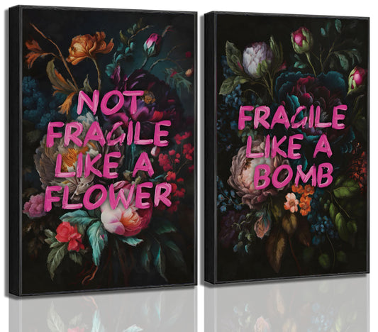 2Pcs Moody Vintage Floral Canvas Wall Art Dark Academy Feminism Quotes Dark Flowers Botanical Painting Picture Wall Decor Poster Print Artwork for Woman Bedroom Apartment Home Decoration Unframed