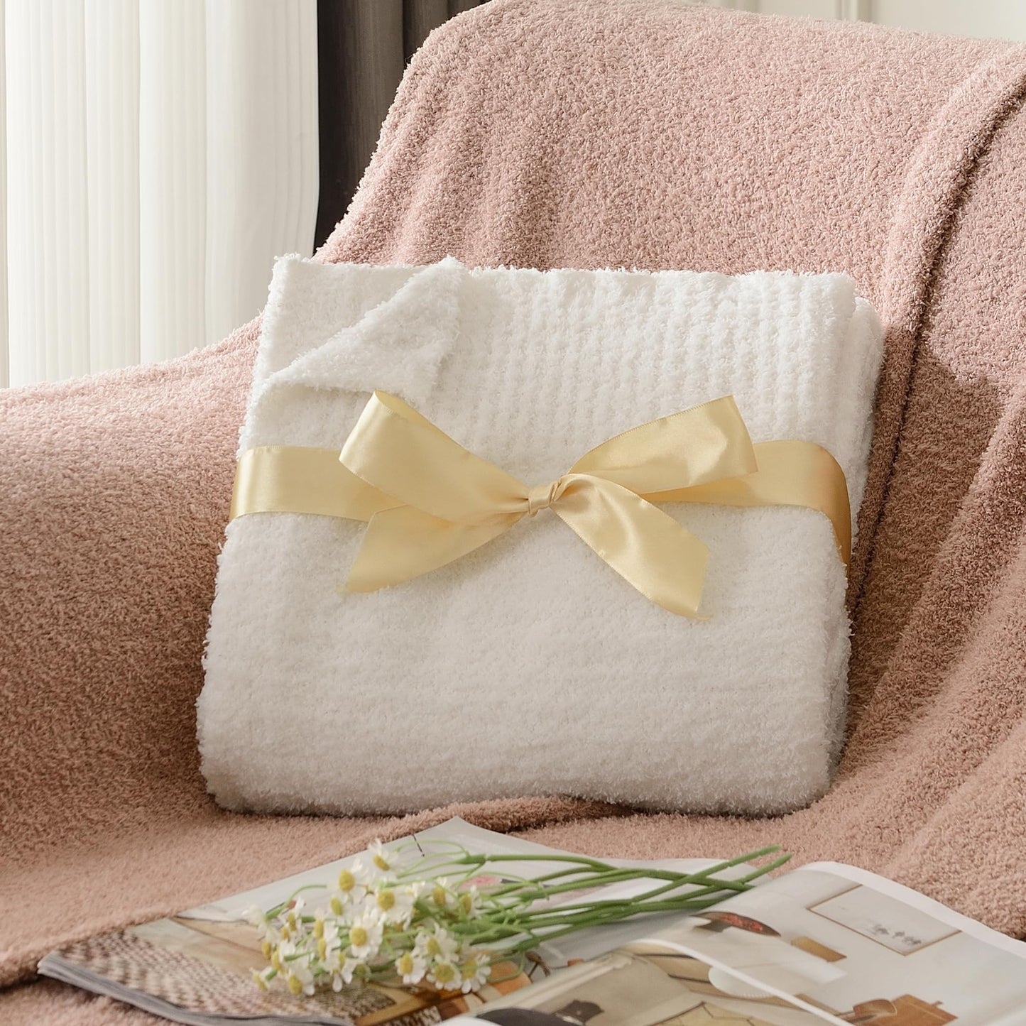 JOOJA Cream Throw Blanket for Bed, Super Soft Knit Blankets, Cozy Fleece Fuzzy Fluffy Plush Chenille Throws Blanket for Couch, Sofa, Cream, 60 x 80 inches