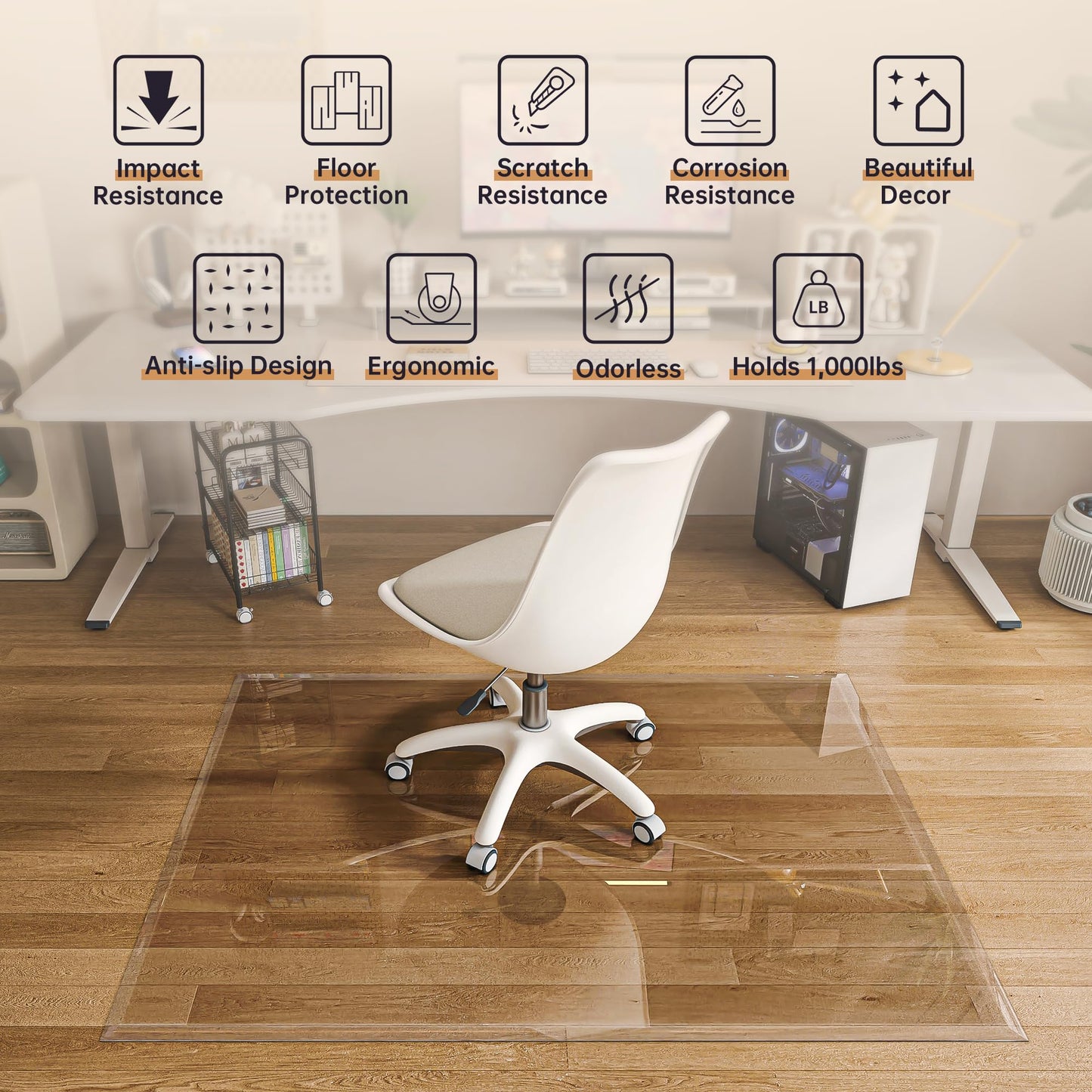 48“x36” Beveled Edge Tempered Glass Chair Mat, 5MM Thick, 1000Lbs Weight Capacity, Clear Ultra-Smooth, Suitable for Hardwood Floors & Carpet, Anti-Scratch Anti-Yellow, Home Office Use