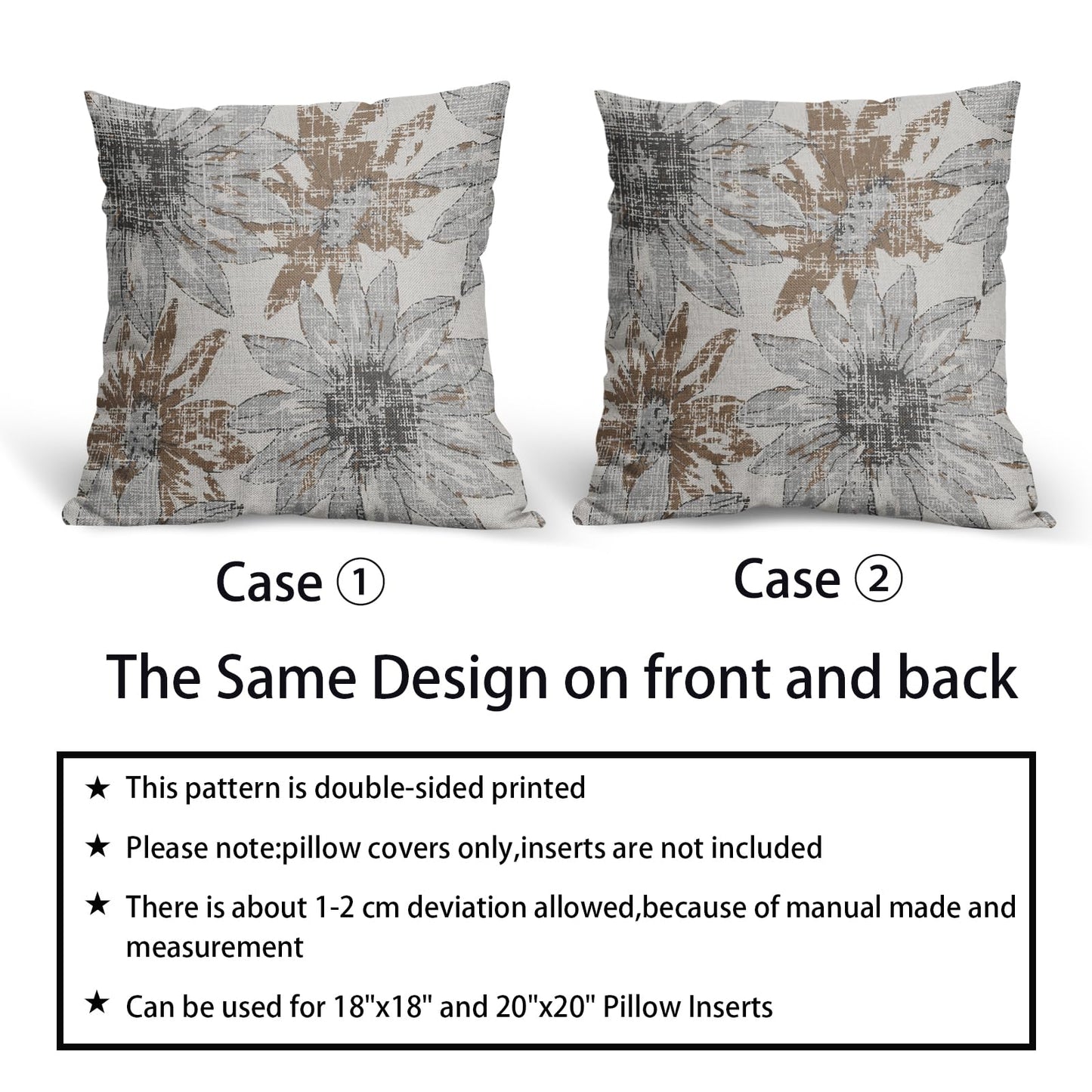 Sweetshow Brown Grey Gray Pillow Covers 18x18 Set of 2 Retro Sunflower Flowers Print Decorative Throw Pillows Outdoor Modern Art Floral Pillowcase Square Linen Cushion Case for Home Sofa Couch Bed