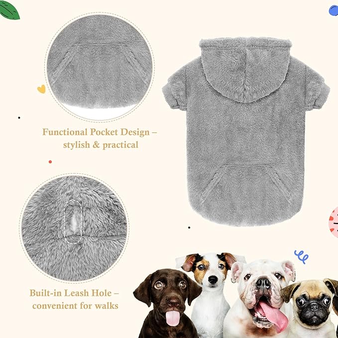 Dog Sweater,Dog Hoodies,Warm Fuzzy Fleece Sweatshirt with Hood & Pocket,Leash Hole,Cozy Cold Weather Pet Clothes Pet Sweater for Small,Medium,and Large Dogs(Grey,L)