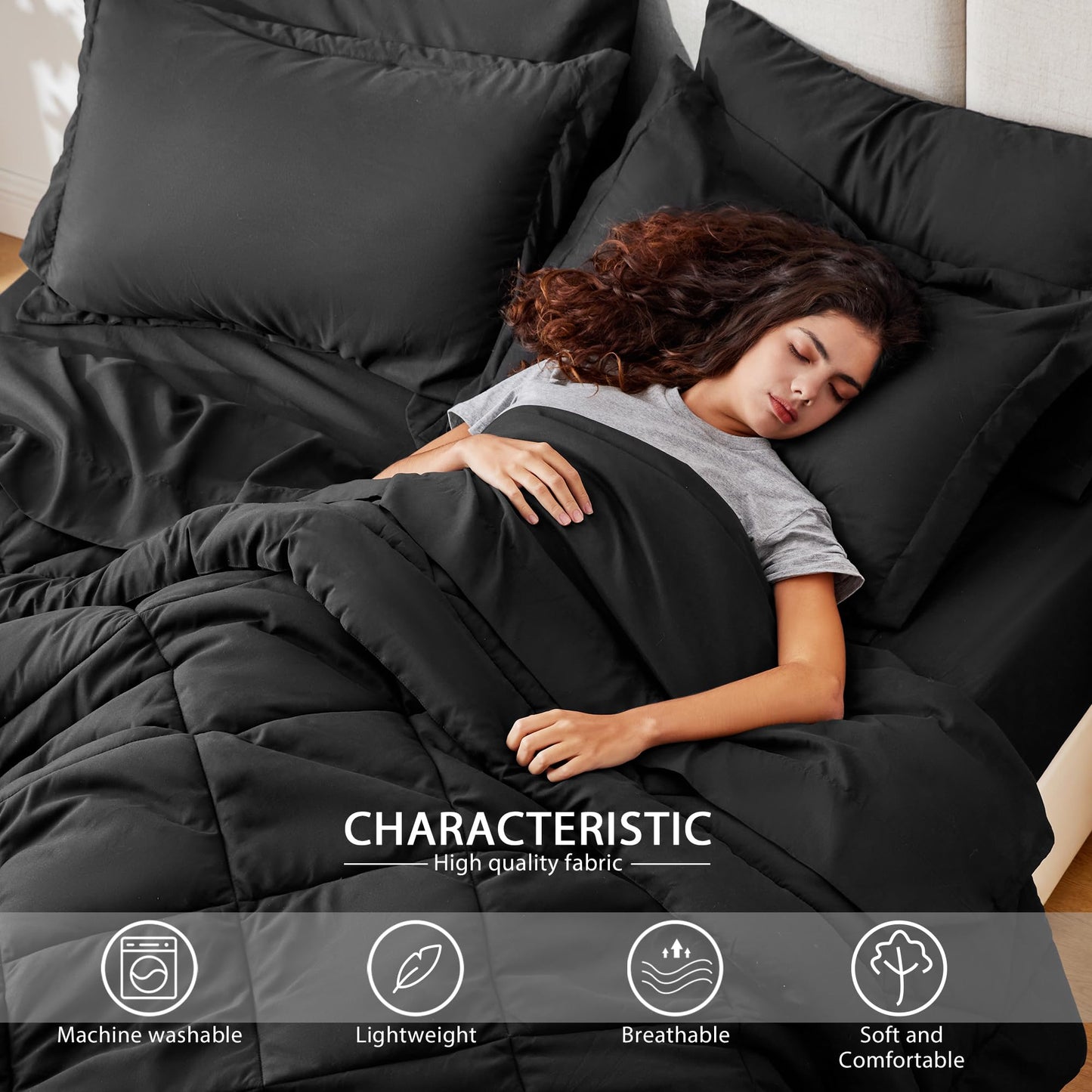 Love's cabin King Size Comforter Set Black, 7 Pieces King Bed in a Bag, All Season Bedding Sets with 1 Comforter, 1 Flat Sheet, 1 Fitted Sheet, 2 Pillowcase and 2 Pillow Sham