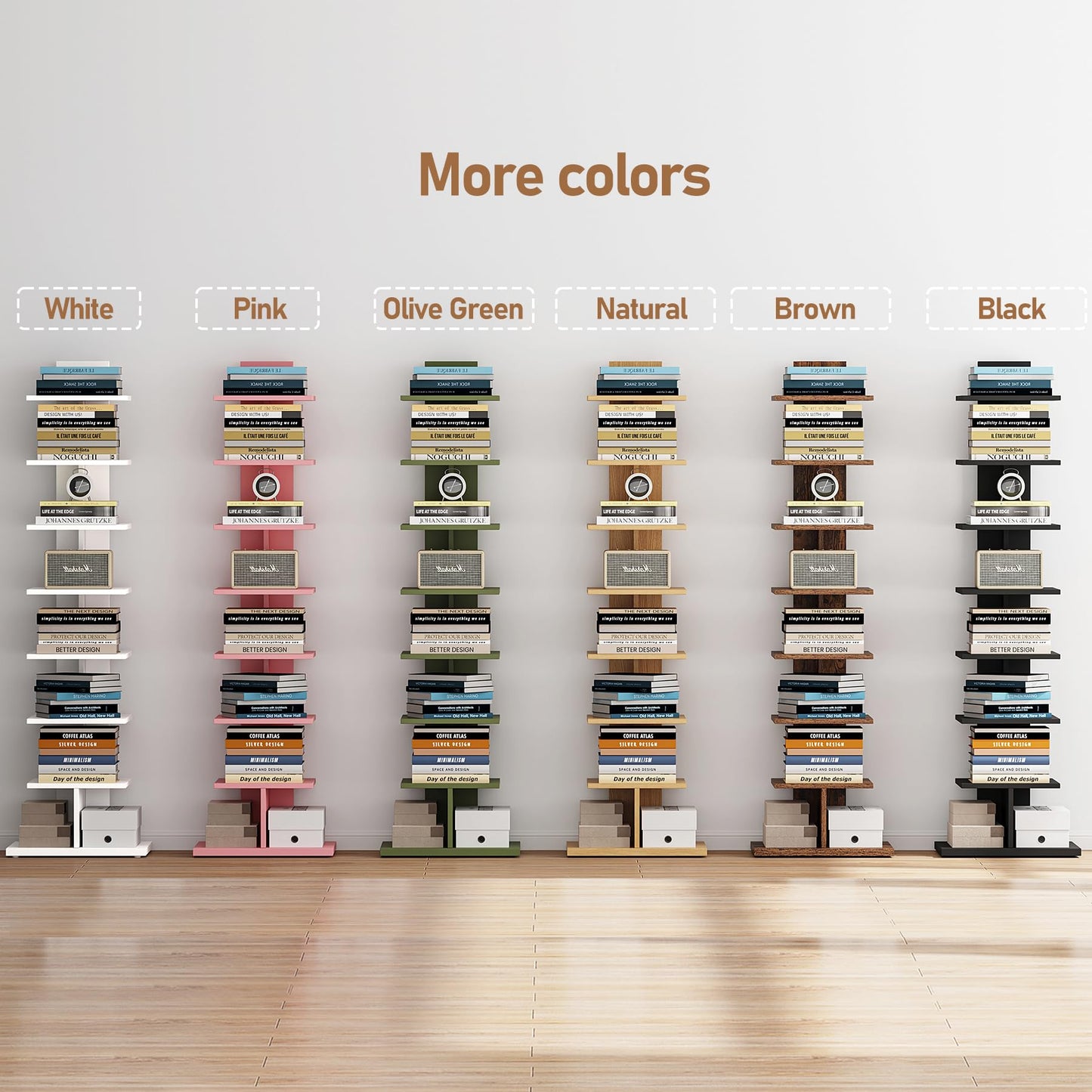 TUTOTAK Narrow Bookshelf, 8-Tier Bookcase, Spine Book Shelf for Small Space, Corner Standing Shelf for Living Room, Office, Study, Entryway, Rustic Brown BS06BB008