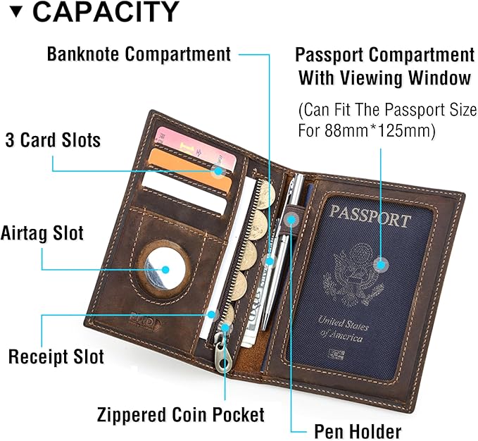 Top Grain Leather Single Travel Passport Wallet Holder for Man & Woman, Folio Design for Passport & Multi Cards, RFID Blocking Large Capacity for Passport/Cards/Checks/Bills/AirTag, Coffee