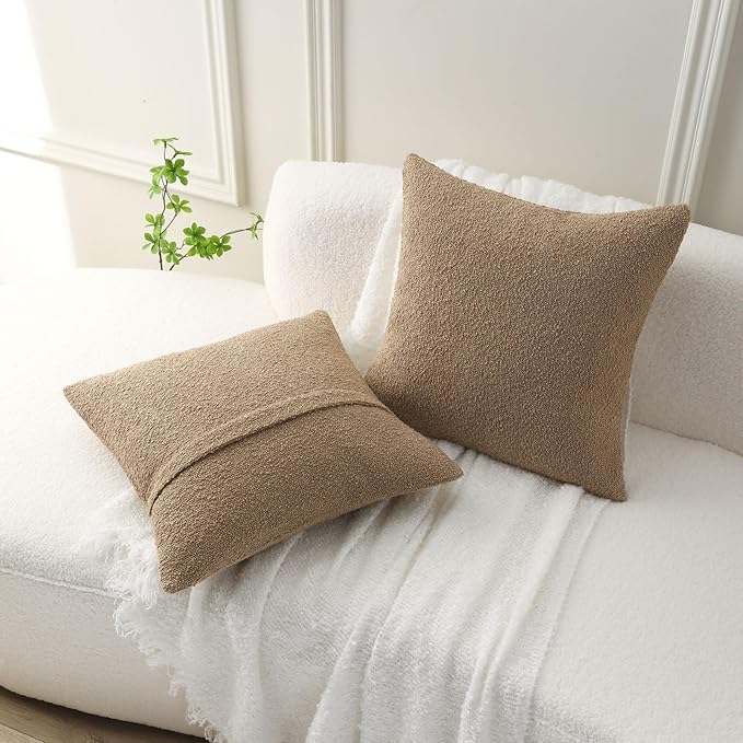 FUTEI Pack of 2 Khaki Decorative Throw Pillow Covers 20x20 Inch Soft Cozy Solid Boucle Textured Cushion Case,Modern Home Decor for Couch Bed Living Room