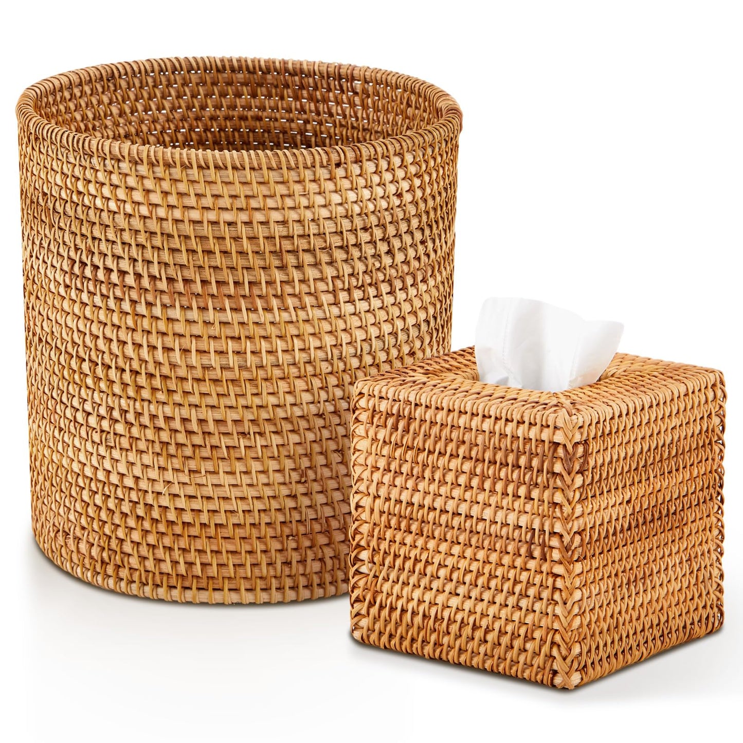 Teenyyou Log Color 2 Pcs Rattan Trash Can & Square Tissue Box Cover, Rattan Hand Woven Basket Set Wicker Bathroom Accessories for Bedroom Kitchen Office Organizer
