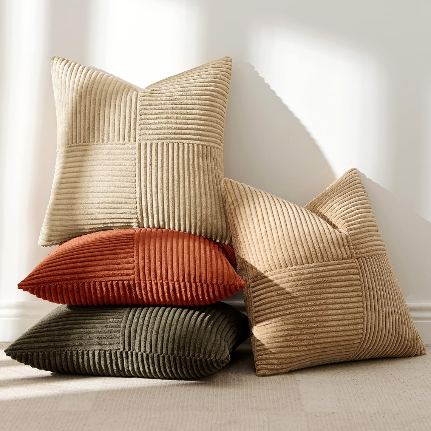 ANRODUO Pack of 4 Decorative Throw Pillows for Couch Brown Green 18x18 Inch Boho Cozy Soft Corduroy Cushion Covers Farmhouse Accent Pillowcases for Mid Century Summer Home Decor Sofa Bed Living Room