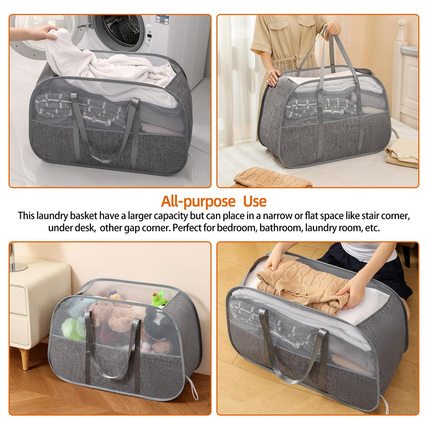 Collapsible Laundry Baskets with Easy Carry Handles, 95L Clothes Hamper for Storage, Foldable Laundry Basket Tear-proof, Large Pop Up Hampers for Laundry, Bedroom, Bathroom, Dorm Grey