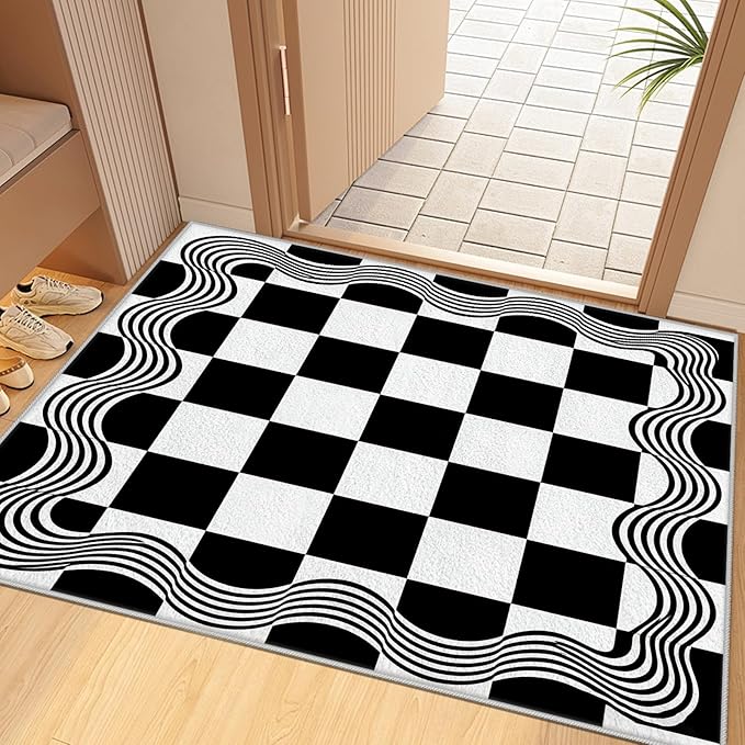 Checkered Area Rug, Checkerboard Rug, Geometric Plaid Washable Rugs 3x4, Modern Checkered Area Rugs, Wavy Line Carpet Non Slip for Bedroom Retro Home Decor Door Mat