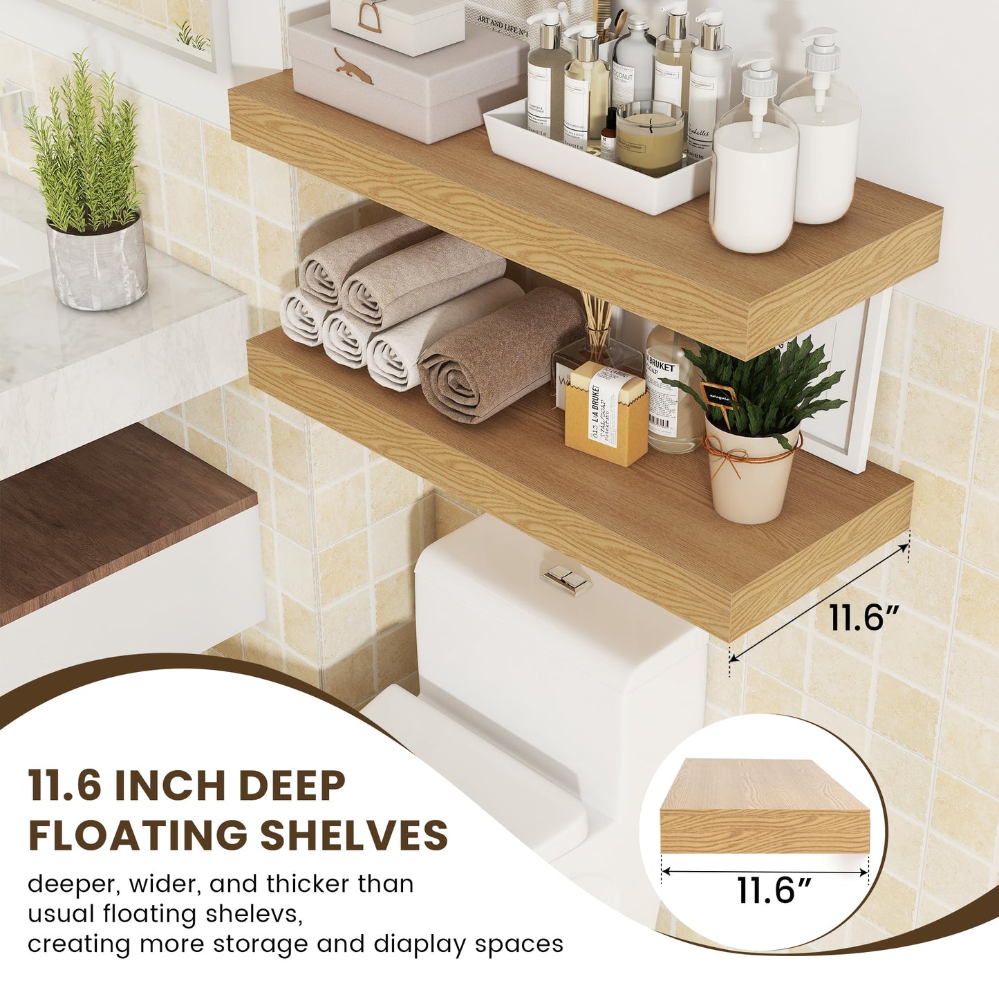FLYJOE 30 Inch Floating Shelves | 12 Inch Deep Oak Floating Shelves Set of 2 | 30" W x 12" D Rustic Wood Shelves for Wall | Deep Oak Shelves for Living Room Bathroom Laundry Room Kitchen