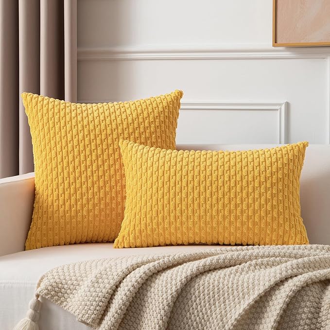 Kevin Textile Decorative Pillow Covers Soft Striped Velvet Throw Pillow Covers Set of 2 Cushion Cover for Chair 18 x 18 Inch Yellow