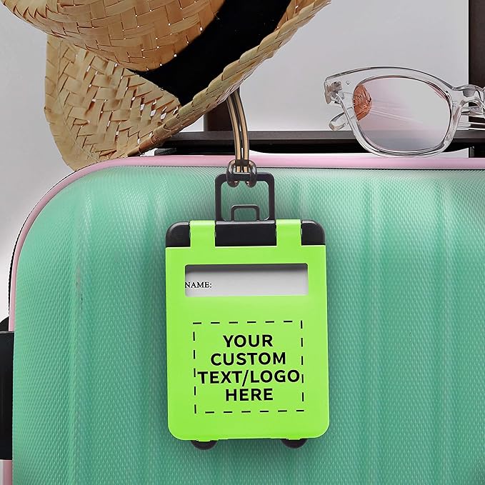 50 Mini Carry-on Luggage Tags Pack - Customizable Text, Logo - Flip Open Cover, ID Sticker - Lime Green