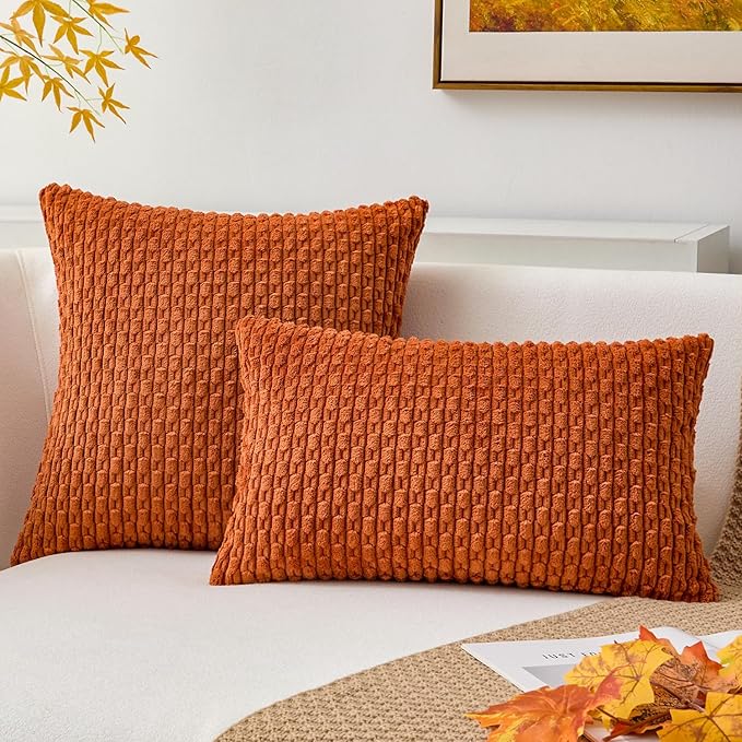 Kevin Textile 2 Packs Fall Boho Decorative Throw Pillow Covers 24x24 Inch for Living Room Couch Bed Sofa Rustic Modern Farmhouse Home Decor Soft Corduroy Square Cushion Case, Rust