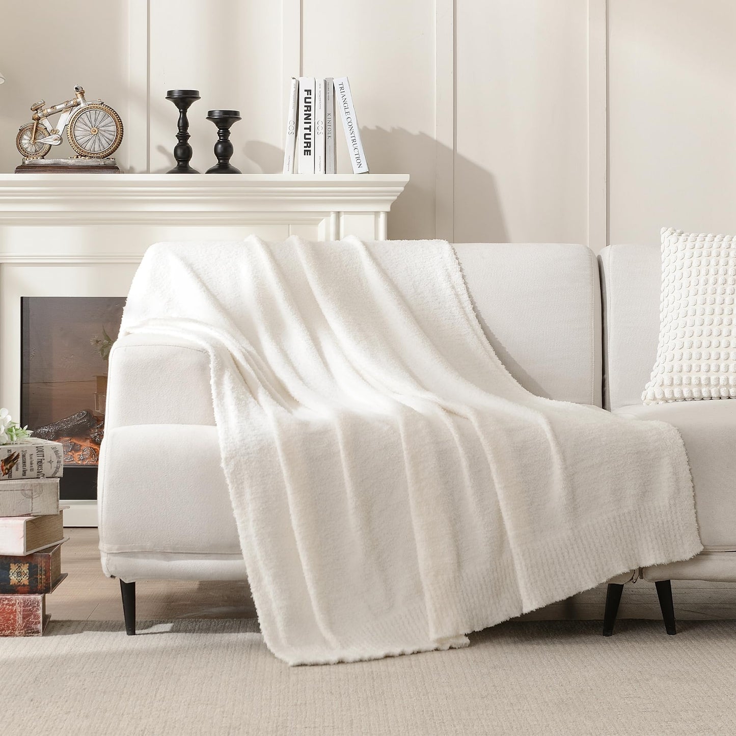 JOOJA Cream Throw Blanket for Bed, Super Soft Knit Blankets, Cozy Fleece Fuzzy Fluffy Plush Chenille Throws Blanket for Couch, Sofa, Cream, 60 x 80 inches
