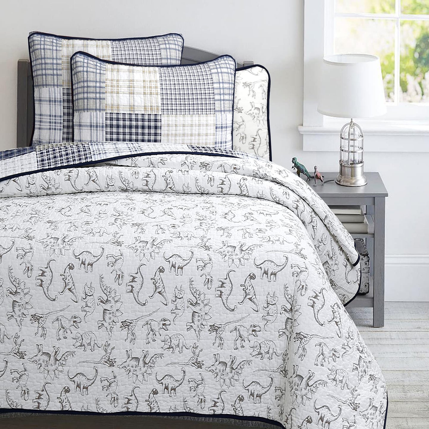 Cozy Line Home Fashions Benjamin Cute Dinosaur Plaid Navy Blue White Grey Bedding Quilt Set 100% Cotton Reversible Coverlet Bedspread Set for Kids Boy(Twin - 2 piece)