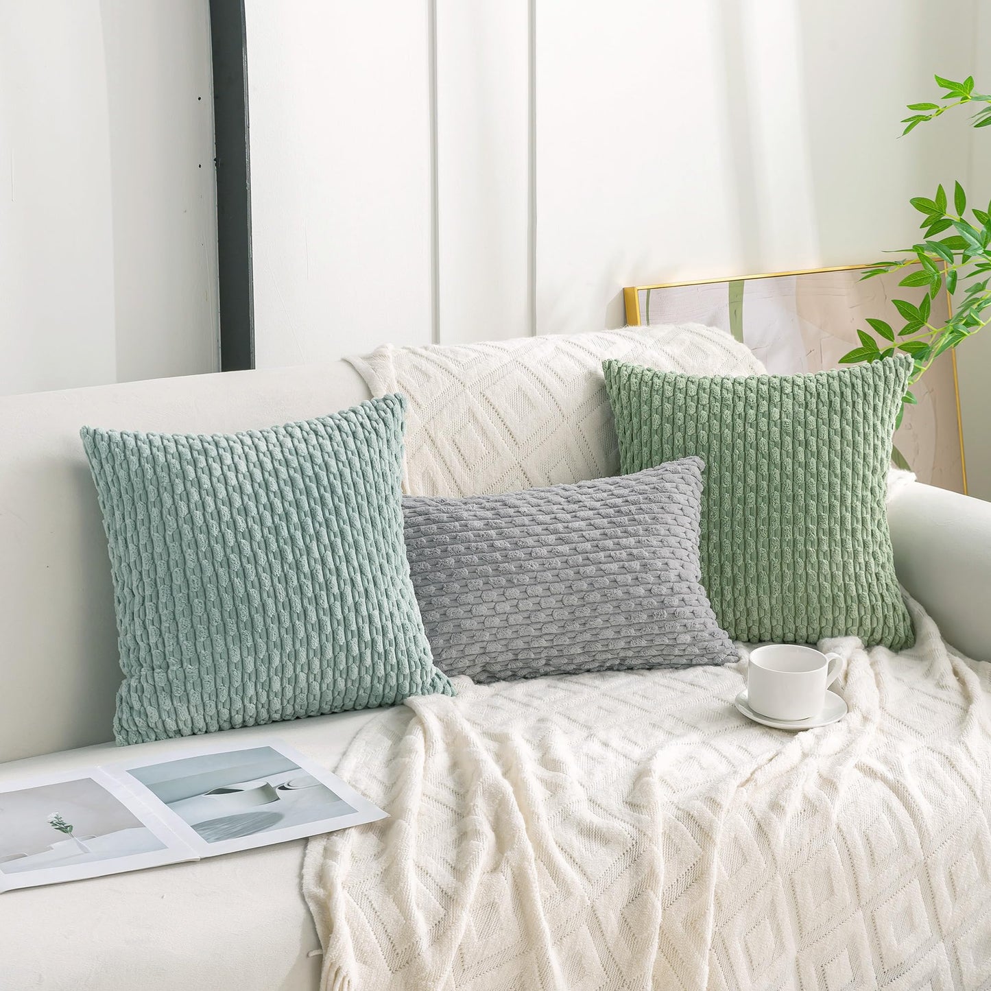 Cozoomy Set of 4 Aqua Decorative Throw Pillow Covers 20x20 Inch Corduroy Pillow Covers for Bed Couch Sofa Living Room Soft Square Cushion Cases