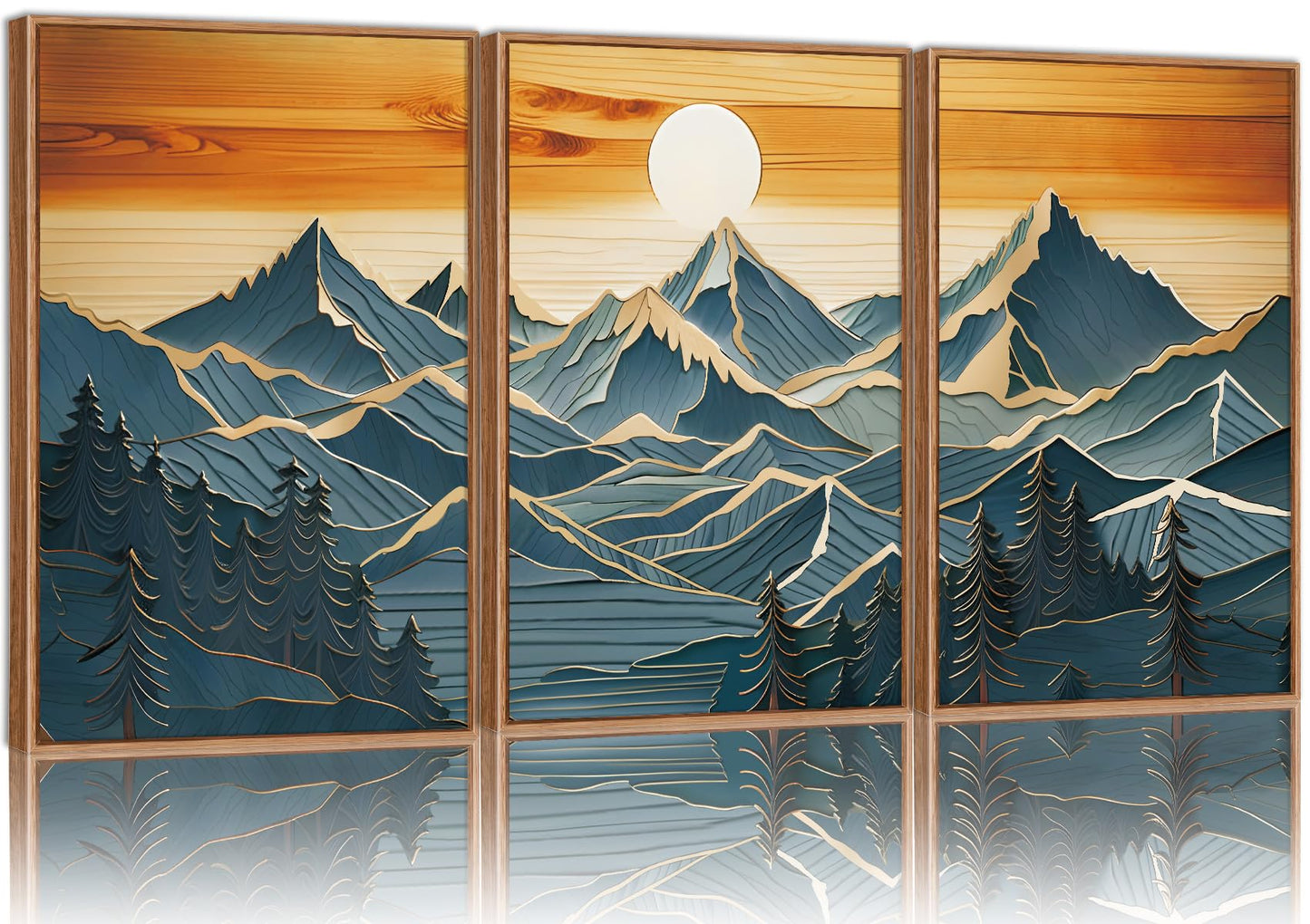Tinonedraw Large Mountains Framed Canvas Wall Art Set of 3, Boho Nature Woodcut Forest Art Prints, Mid Century Modern Wall Decor, Sunset Landscape Art Paintings for Living Room Bedroom Office 24"x36"