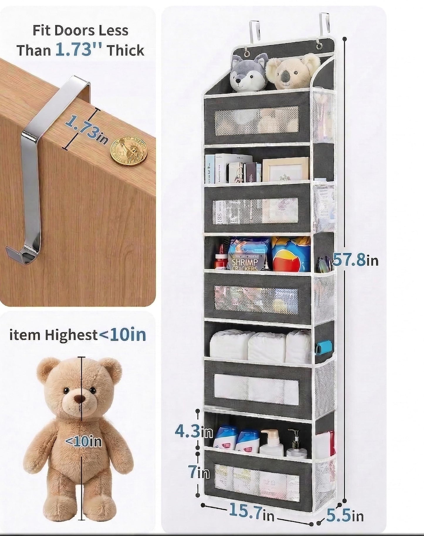 MINJINGXI Over the Door Organizer, 5-Tier Hanging Storage Organizer with Extra Large Pockets, Anti-Tilt & Heavy Duty 44 lb Load, Space Saving Door Organizer for Bedroom (Black, 5 Tier)