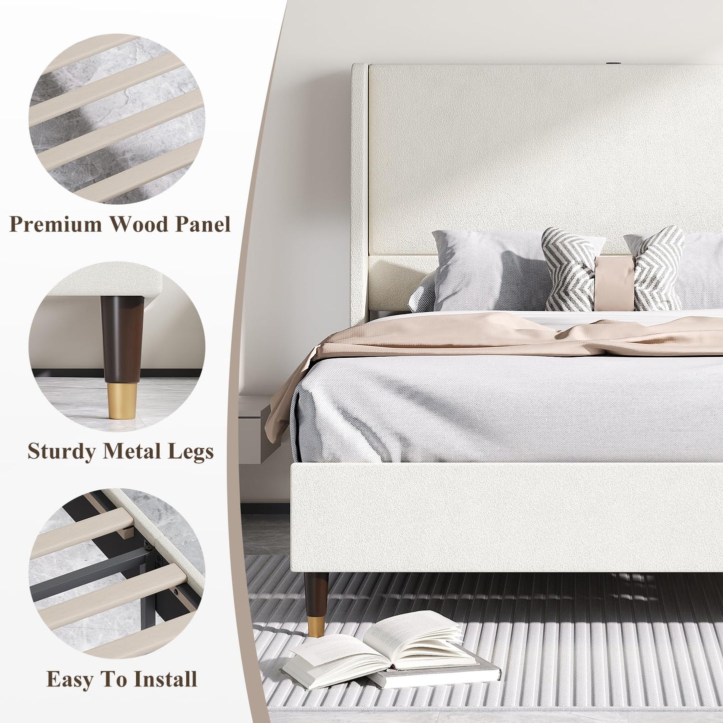 MALOL Queen Bed Frame with Upholstered Linen Headboard, Platform Bed with USB Charging Ports, Sturdy Metal Frame, No Box Spring Required, Quiet Noise-Free Modern Bedroom Furniture, Beige