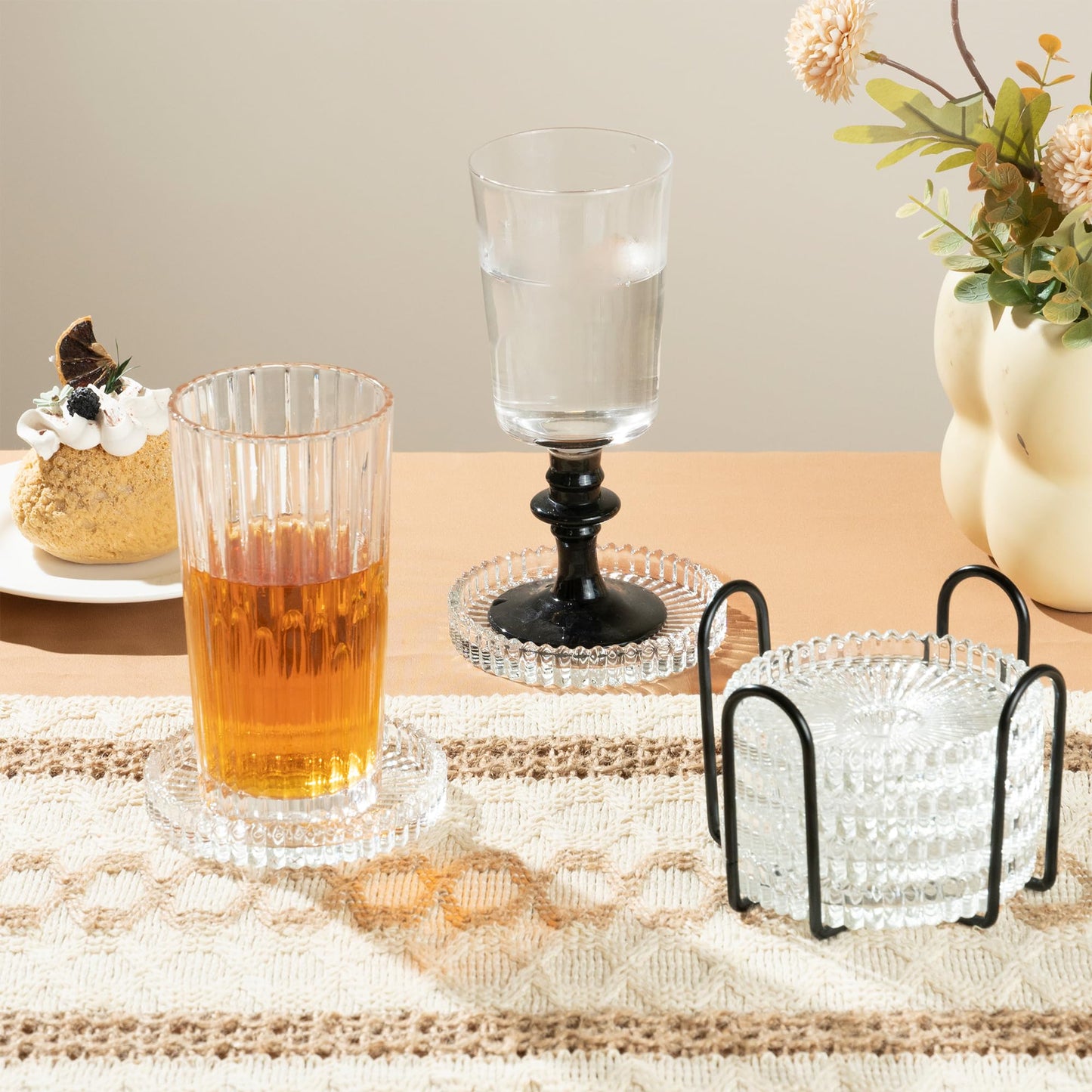 Modern Clear Coaster Set of 6- Glass Coasters for Drinks with Holder Crystal Coaster Round Cup Coasters Coffee Table Decor for Office, Kitchen, Bar, Dining Room, Living Room, Patio(Clear)