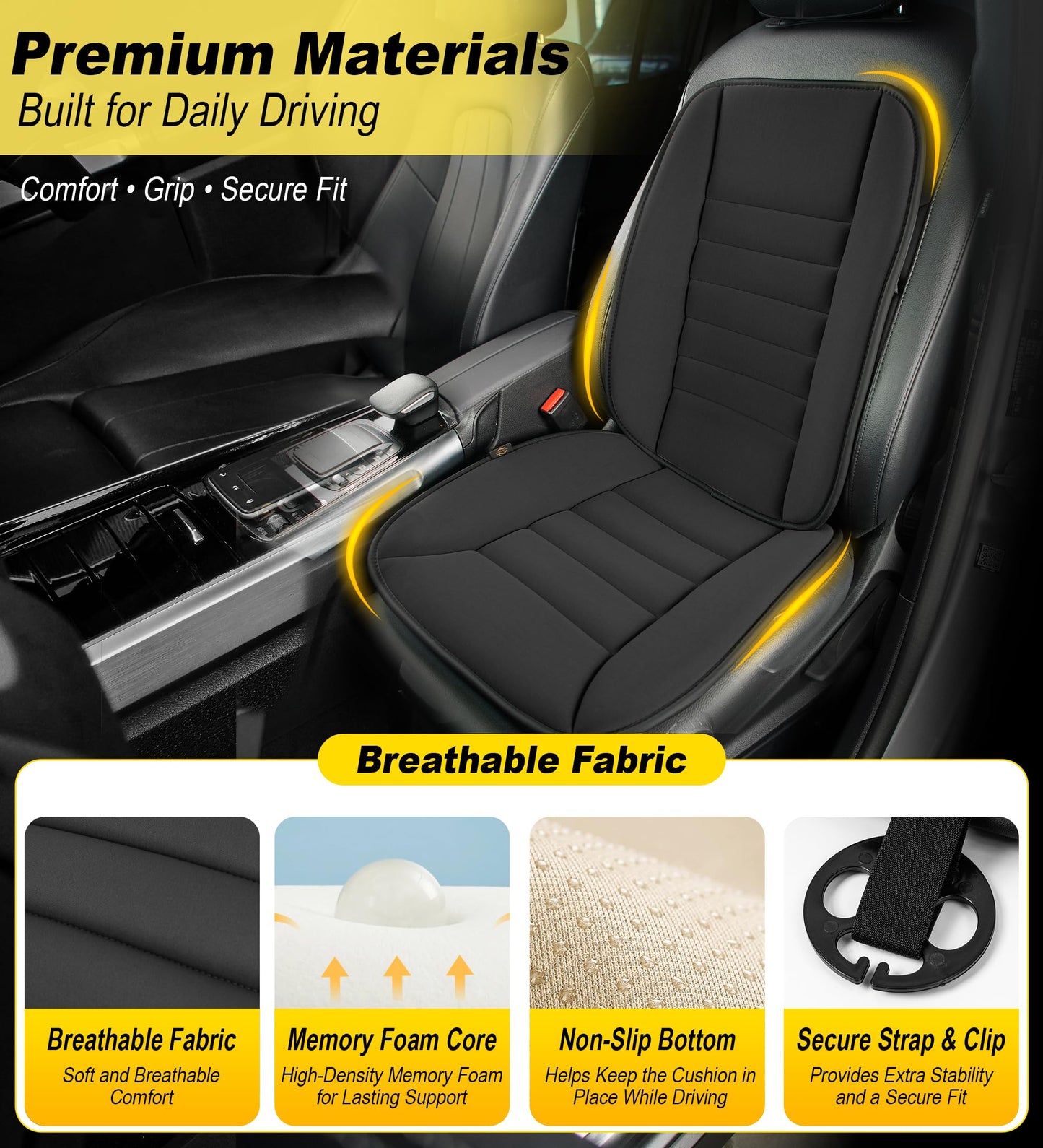 kingphenix 5-Piece Memory Foam Car Seat Cushion Set with Full Back Support Pillow, Comfort for Long Drives & Road Trips, Universal Automotive Comfort for Most Car, Van, Truck, SUV, Black