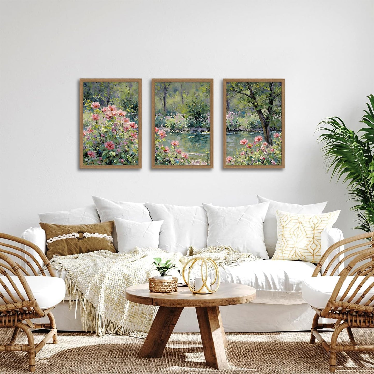 3pcsmonet Framed Wall Art,Retro Floral Gardencanvas Painting, Pink Flowers By Lake Painting, Nature Poster Wall Decor For Living Room Bedroom Office, Ready To Hang 12x16in