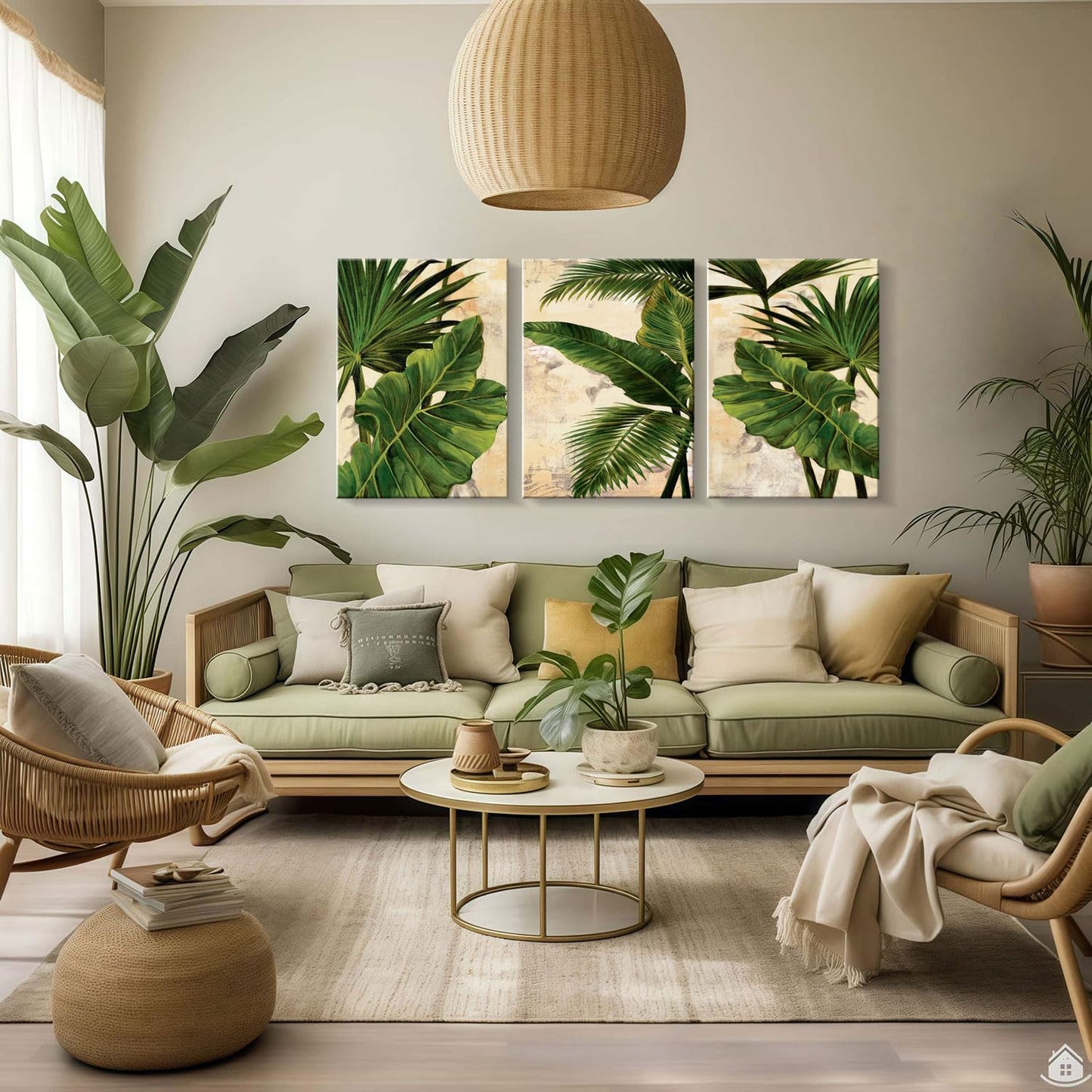 3pcs Framed Palm Leaves Banana Leaf Tropical Plants Wall Art Decor Canvas Print Nature Style Home Greenery Pictures Poster Gallery Bedroom Living Room Studio 16x24 Inch Ready to Hang