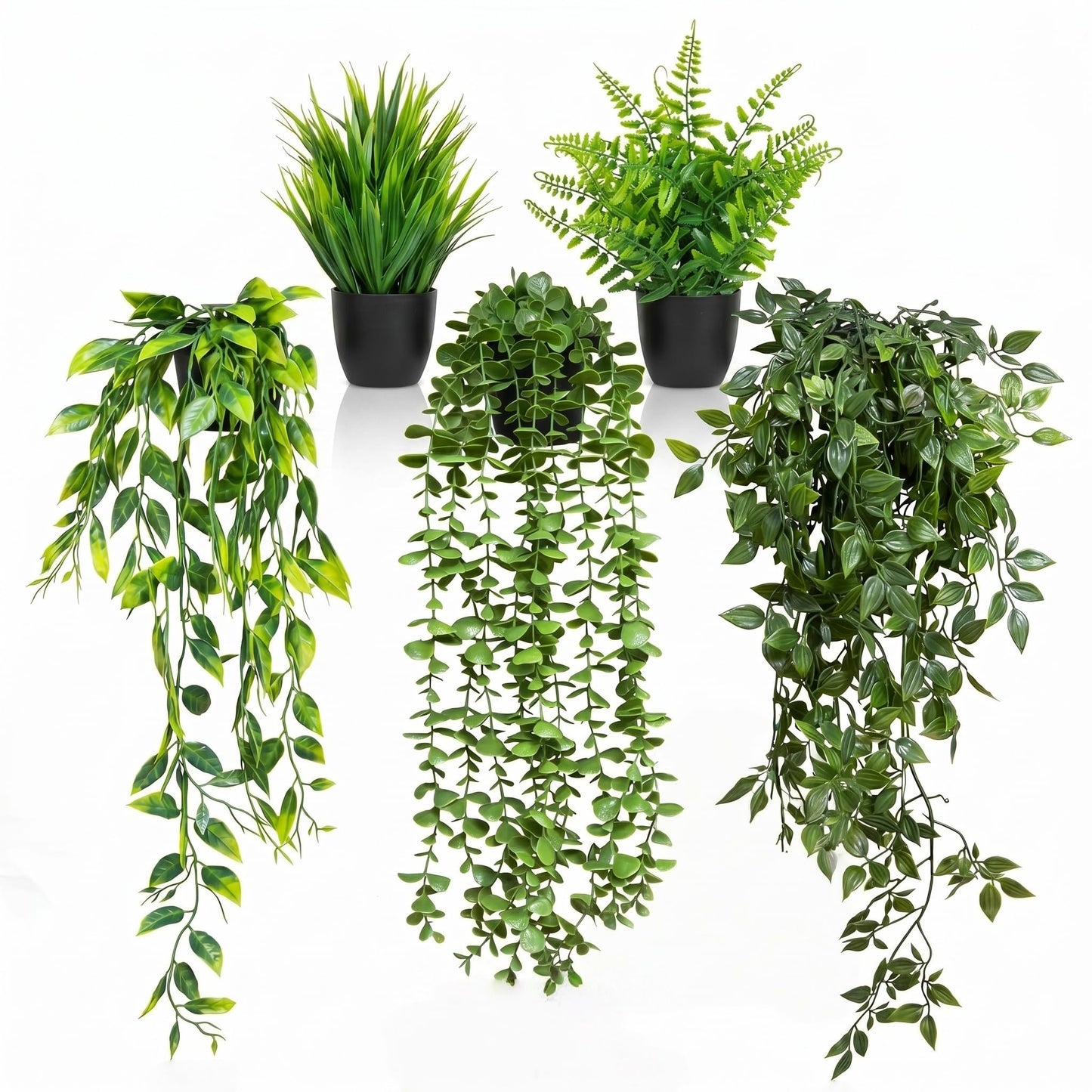 GOEJGSDJ 5 Pack Fake Plants - Artificial Hanging Plants & Small Potted Faux Eucalyptus Fern Ivy, UV Resistant Maintenance-Free, for Shelf Wall Desk Home Office Bathroom Indoor Outdoor Decor