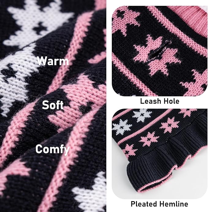 KYEESE Dog Sweater Warm Dog Clothes Fall Winter Pet Coats for Girl Puppy Sweater Dress with Leash Hole for Small Dogs Knit Turtleneck Pullover with Snow Flake Pattern, Girl Navyblue, Medium