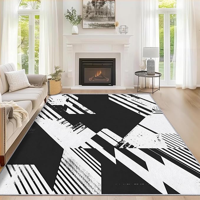 Black and White Rugs for Home Decor, 5x8 ft, Abstract Geometric Area Rugs for Living Room, Soft Non Slip Washable Modern Minimalist Carpet Bedroom Decorations Dt-Ghf-31
