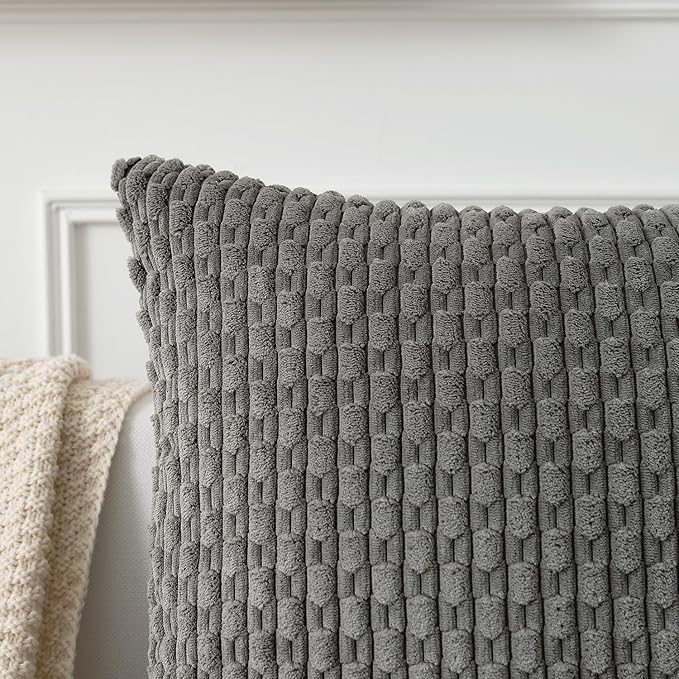 Kevin Textile Throw Pillow Cover Striped Pattern Decorative Soft Corduroy Cushion Covers Stripes for Living Room Set of 2 18x18 Inch Dark Grey