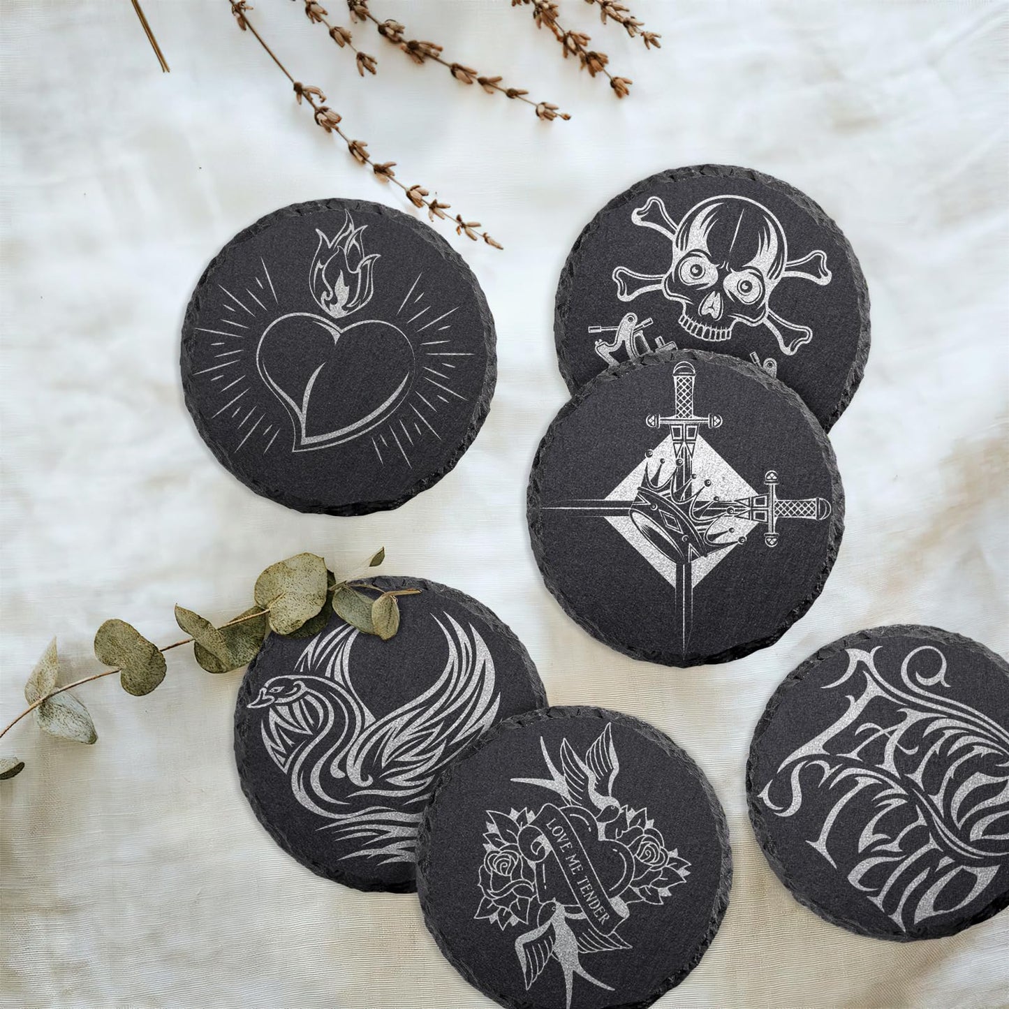 8 PCS Round Slate Drink Coasters Set, SIJDIEE 4 Inch Laser Engraving Black Slate Stone Coasters with Anti-Scratch Bottom and Coaster Holder for Office Bar Kitchen Home Dinner Table Decor Supplies