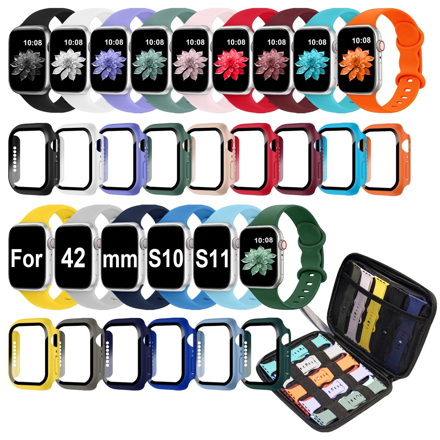 15 Pack Band Case Compatible with Apple Watch Bands 40mm 41mm 42mm 44mm 45mm 46mm Women Men, Watch Screen Protector Case&Organizer- (Compatible with Apple Watch 42MM Series 11 10)