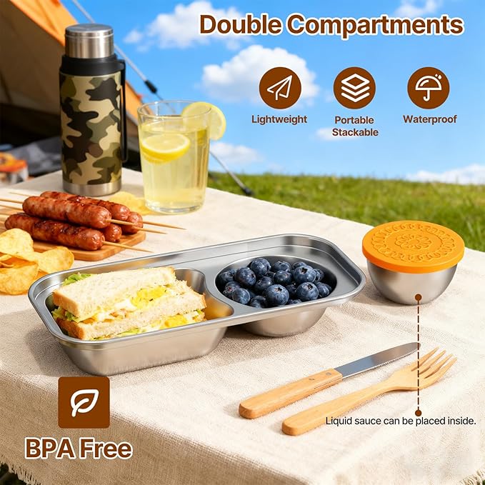 Kitlead 2 Compartment Grab and Go Snack Containers Reusable,Stainless Steel Snack Containers with Lid for Travel, Outdoor Camping and Daily Use (Set of 6)
