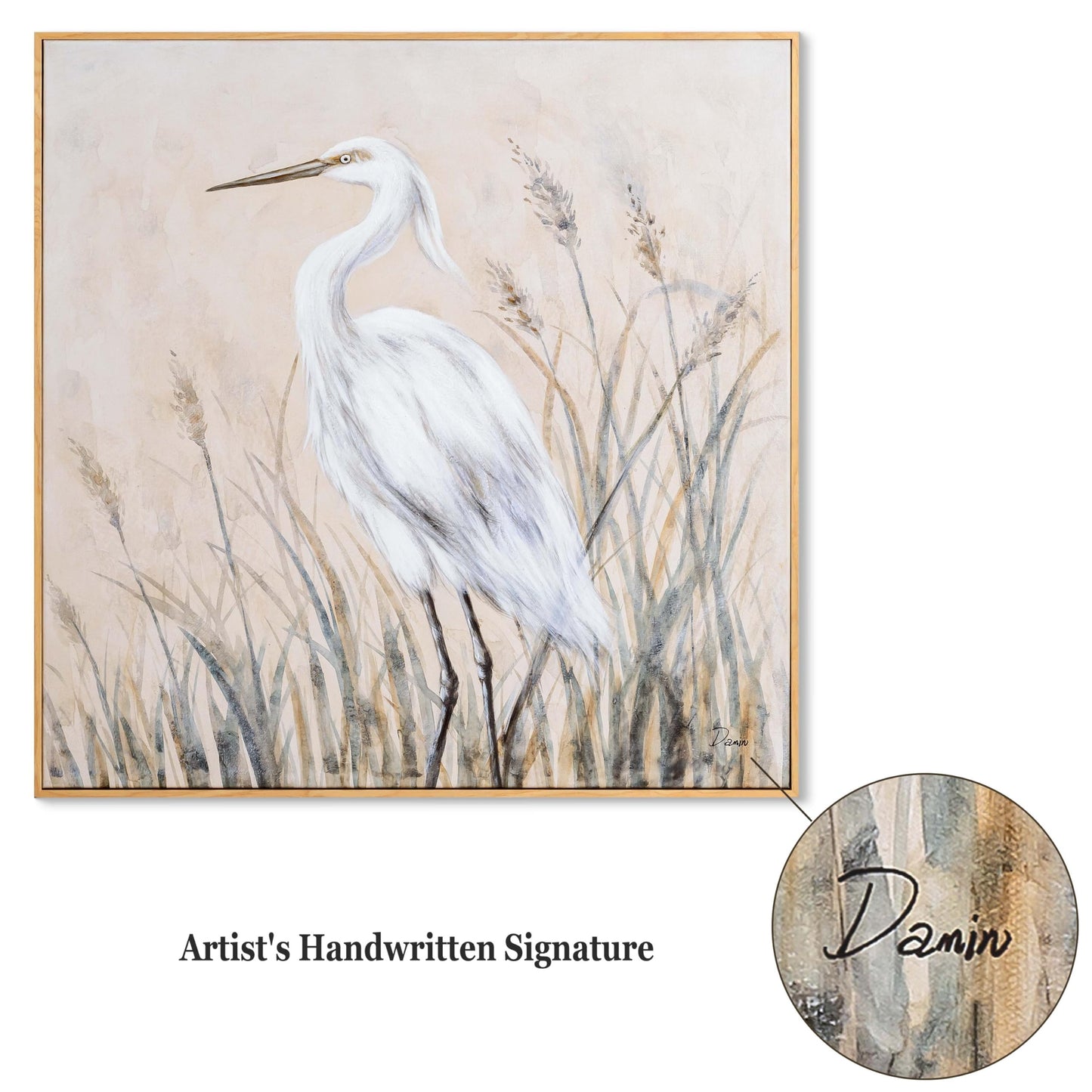 Eonzeun Framed Textured Canvas Wall Art, 24x24 Inch Coastal Wabi-Sabi Neutral Tone Egret Painting for Living Room, Dining Room, Office