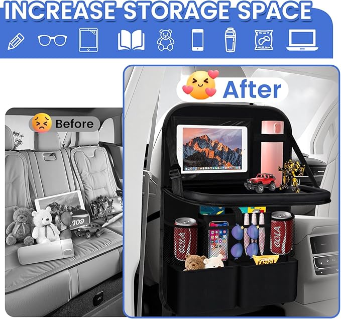 The car rear seat storage unit comes with a flat rack, 13 storage compartments, a foldable tray table, a rear seat kick pad, and can hold snacks and toys. It's black (2pieces【Dining table style】)