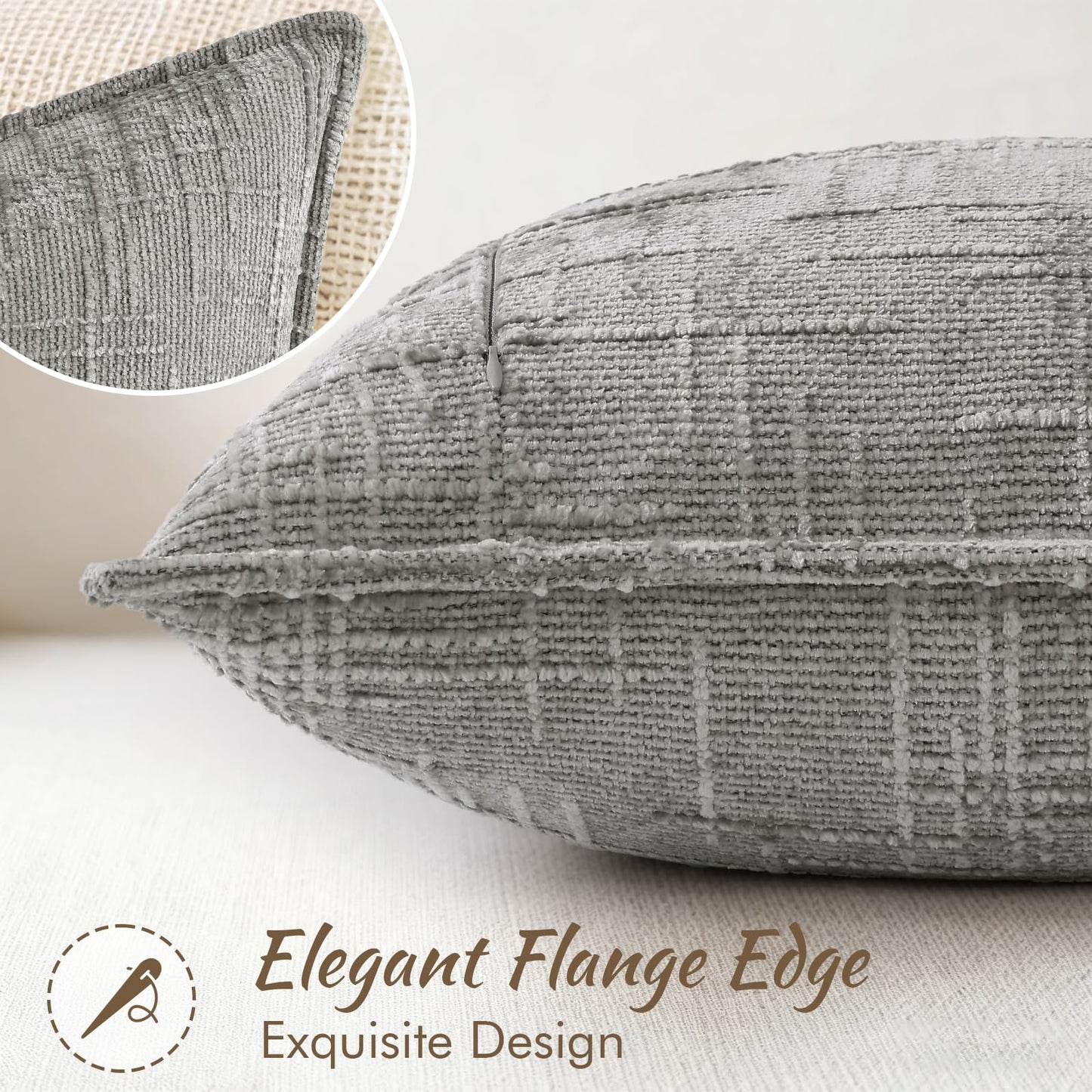 decorUhome Chenille Throw Pillow Covers 26x26 Set of 2, Soft Textured Slubby Modern Decorative Pillow Covers with Elegant Design for Couch, Sofa, Living Room, Grey