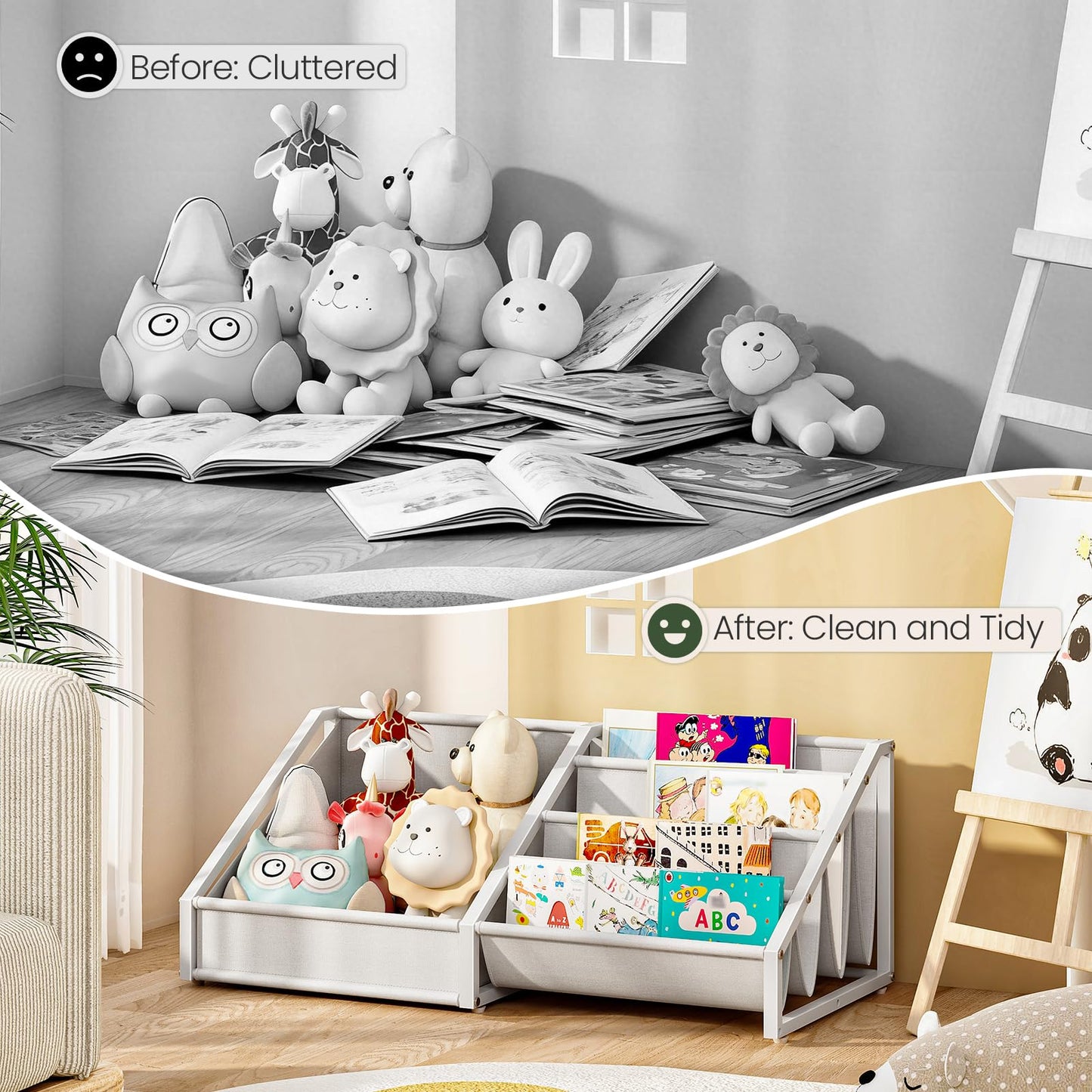 CHOEZON Kids Bookshelf with Toy Storage & 4-Tier Oxford Fabric Book Rack Organizer, Toddler Bookcase for Nursery, Bedroom, Playroom, Child's Room, White TCW18WB