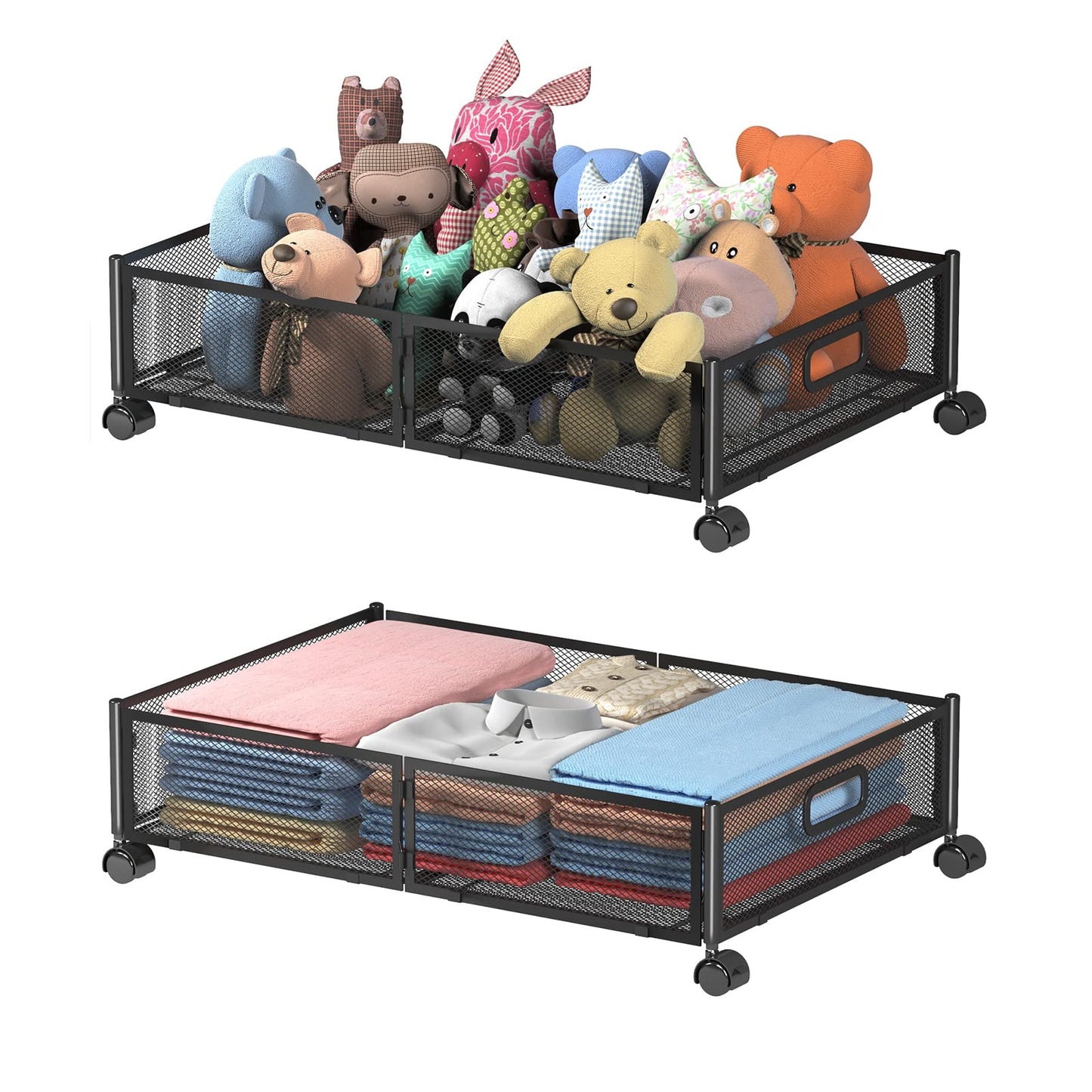 Under Bed Storage Containers, Shoe Storage With Wheels, Foldable Bedroom Storage Organization with Handles, Under Bed Storage Bins Drawer For Clothes, Blankets And Shoes, Bedding (2 Pack, Black)