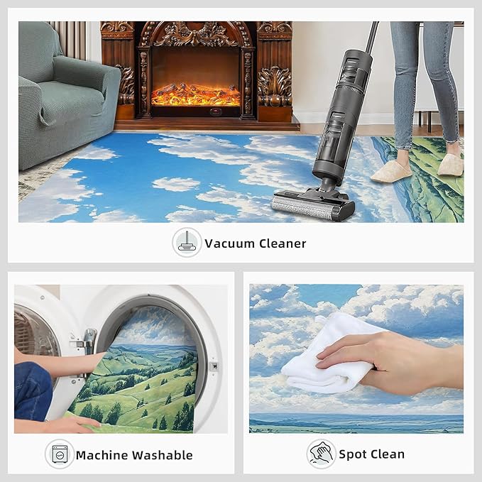 Sky and Clouds 2x3 Area Rugs for Living Room -Grassland and Pasture Washable Rug Rural Landscape Non-Slip Carpet Indoor Floor Stain Resistant Thin Carpets for Bedroom Dining Room Home Office
