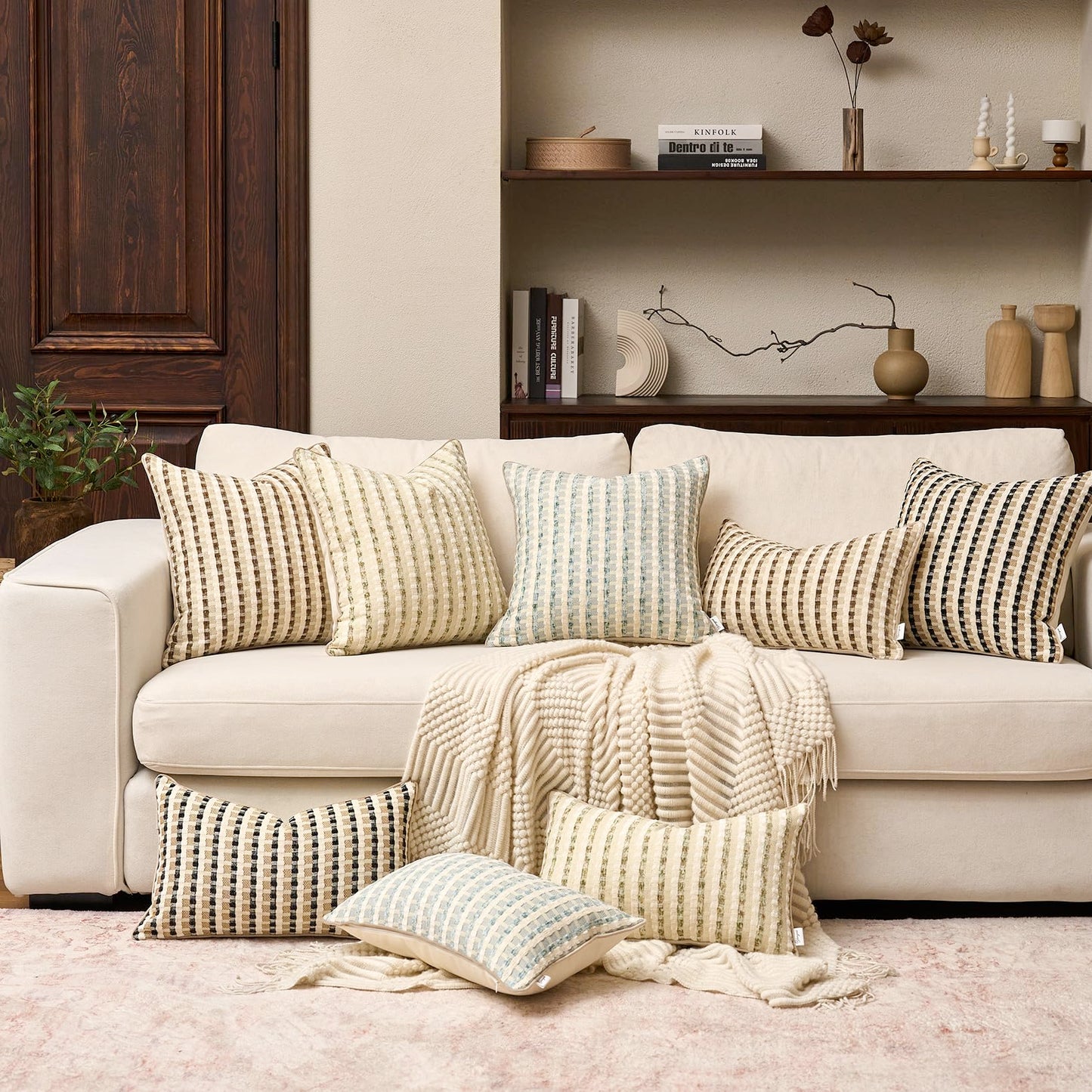 Yangest Boho Cotton and Linen Rectangle Pillow Cover 12x20 Inch, Striped Luxury Couch Pillowcover Accent Modern Decorative Cozy Soft Pillow for Sofa Couch Bedroom Living Room, Coffee Brown